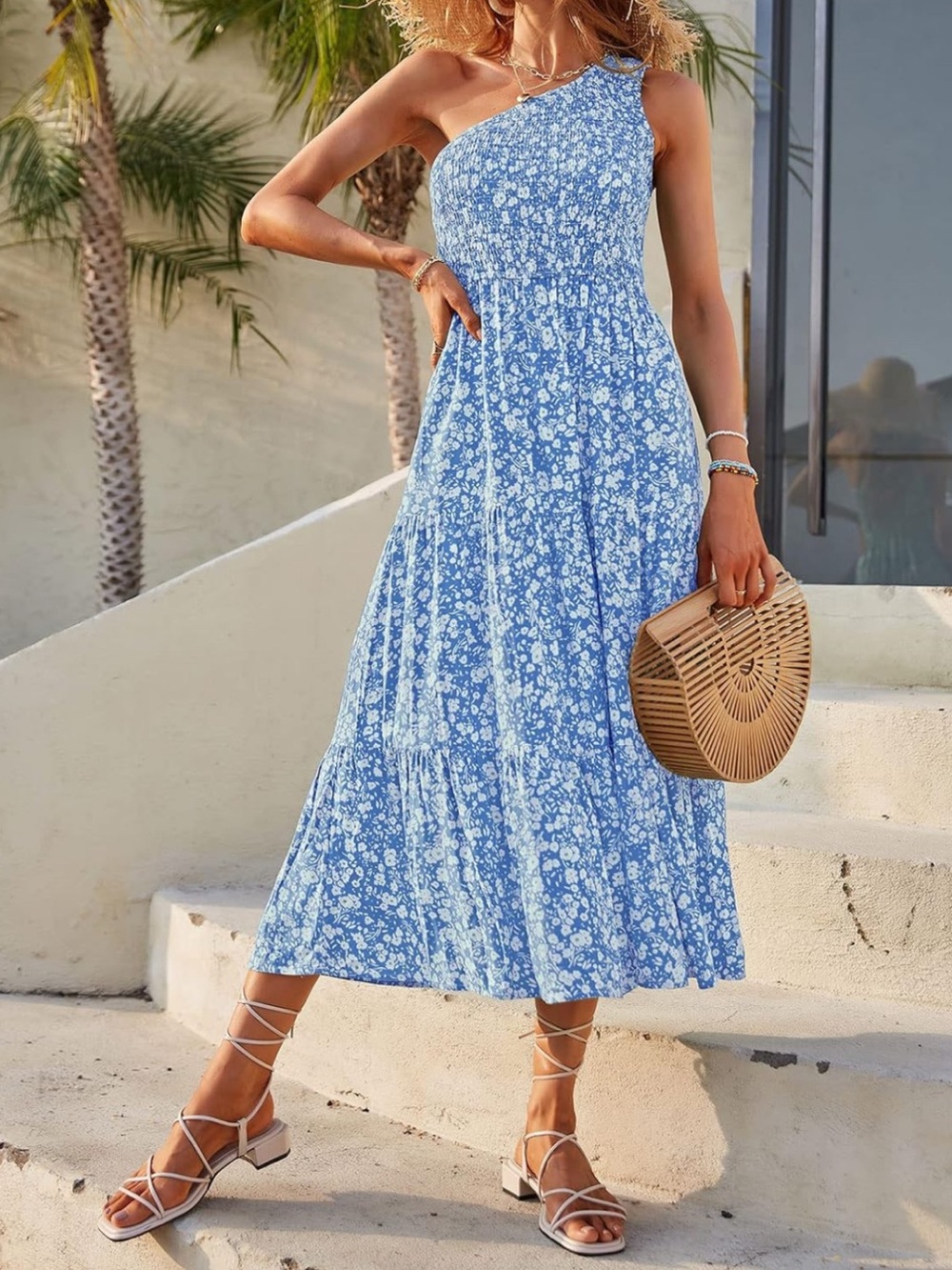 One-Shoulder Blue Floral Tiered Maxi Dress